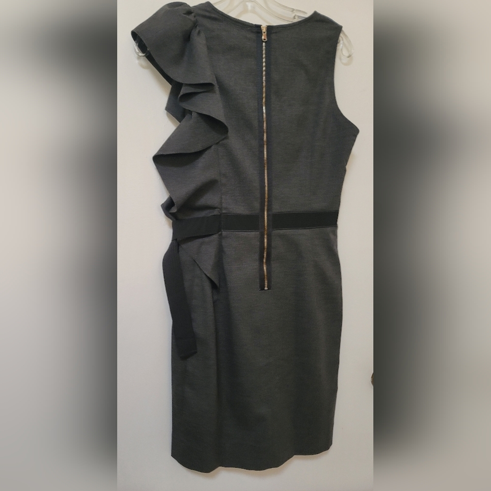 Sandro Paris Dress Gray Ruffle Trim Ribbon Belted Sheath Stretch Size Small New - Picture 12 of 16